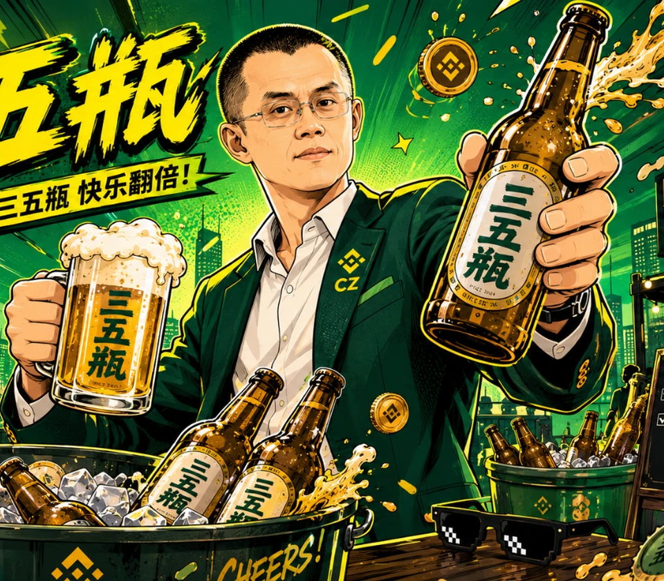 三五瓶品牌人物举起啤酒，与三五好友碰杯